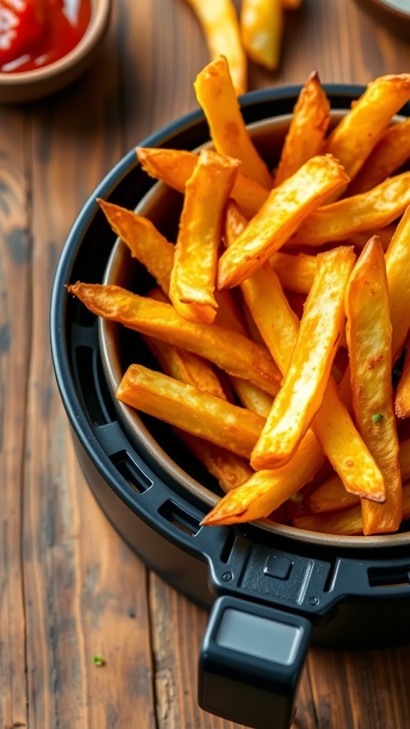 Crispy Air Fryer French Fries from Frozen Crispy air fryer French fries in a bowl with ketchup on a wooden table.